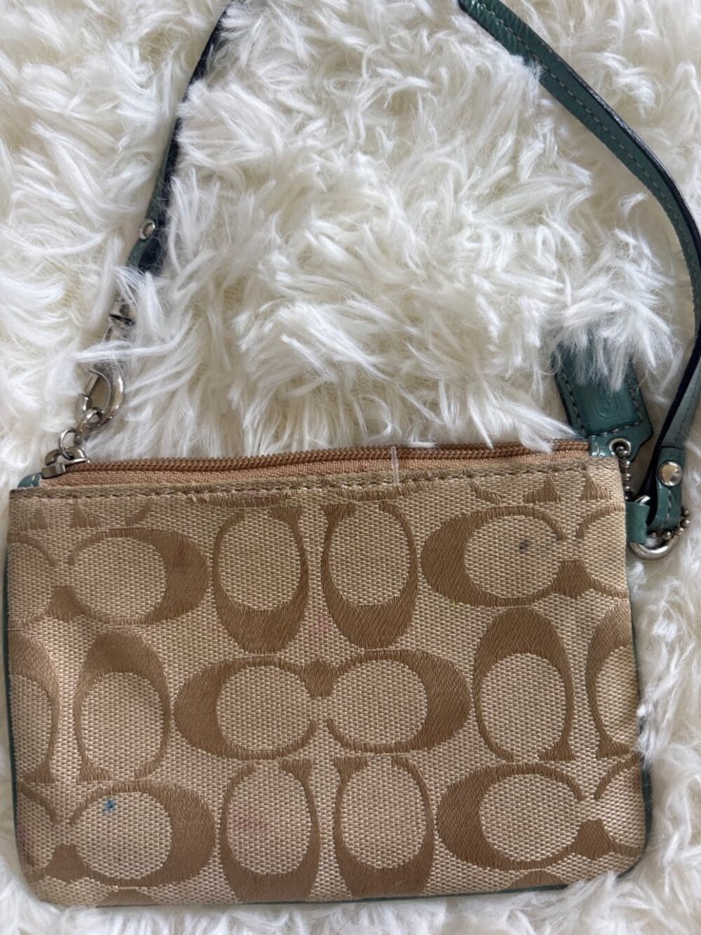 Coach Mini Wristlet Signature C Canvas Patchwork Stripe Bag Teal Trim Vintage - Picture 4 of 16